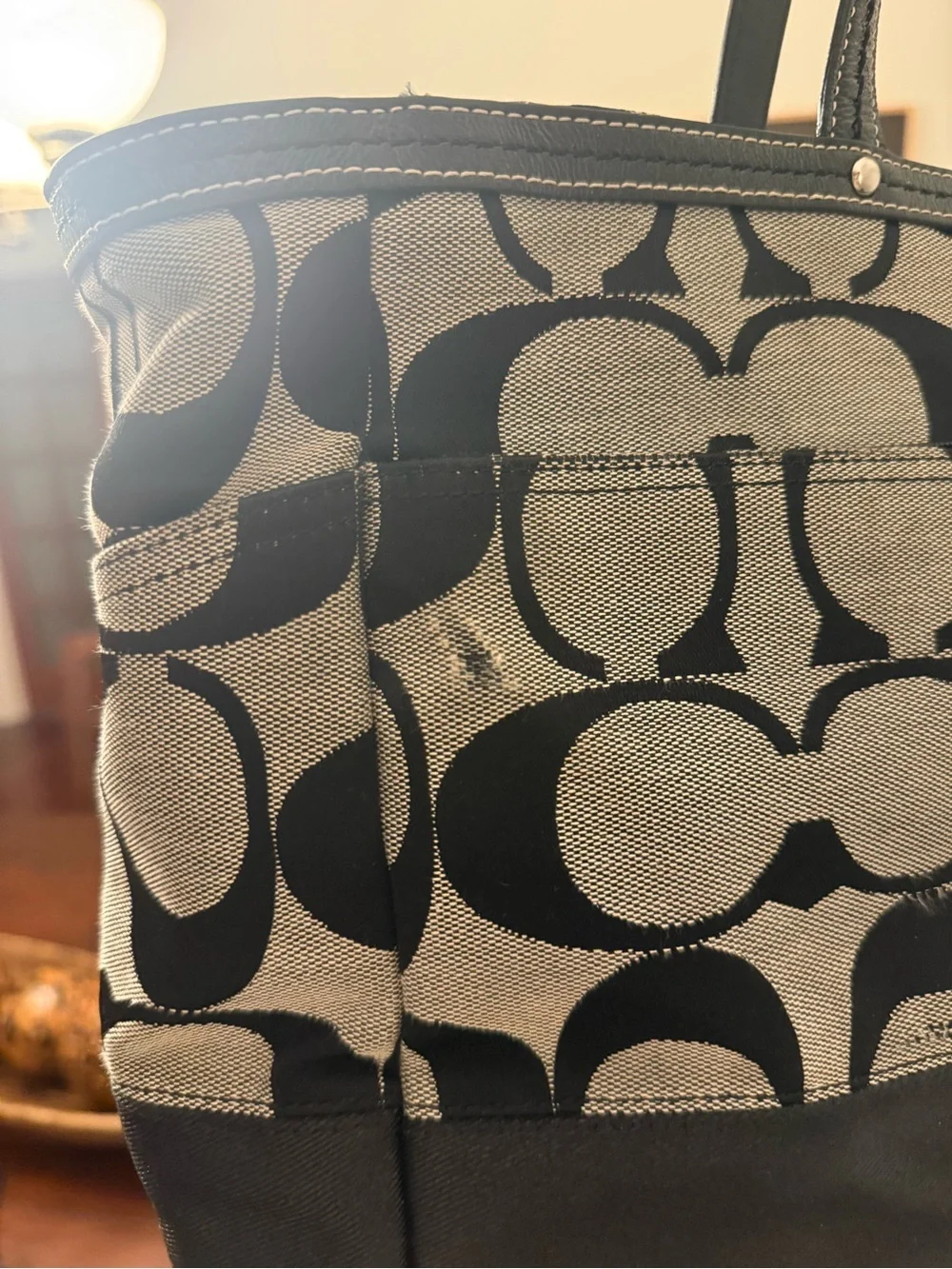 Coach Black and Cream Signature Canvas Tote with Tag and Medallion